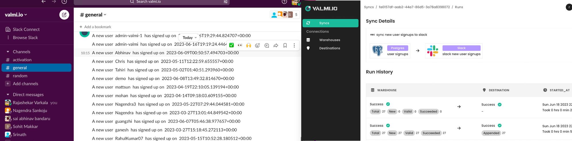valmi.io dogfoods its open source reverse-ETL to get notified of new users in Slack.