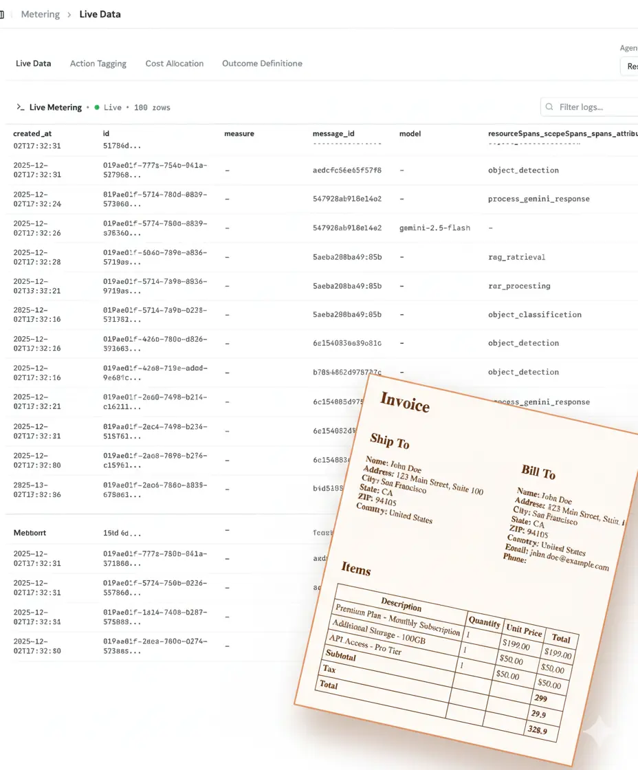 live data dashboard preview for AI agent billing